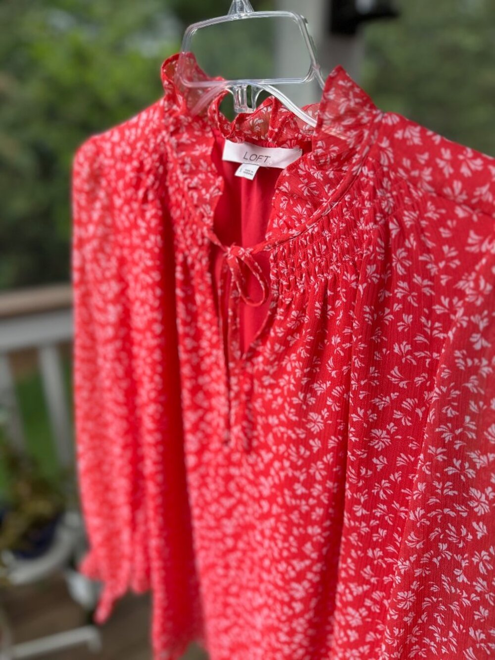 LOFT Orange Floral Sheer Lined Smocked Ruffle Tie Neck Blouse Size Small